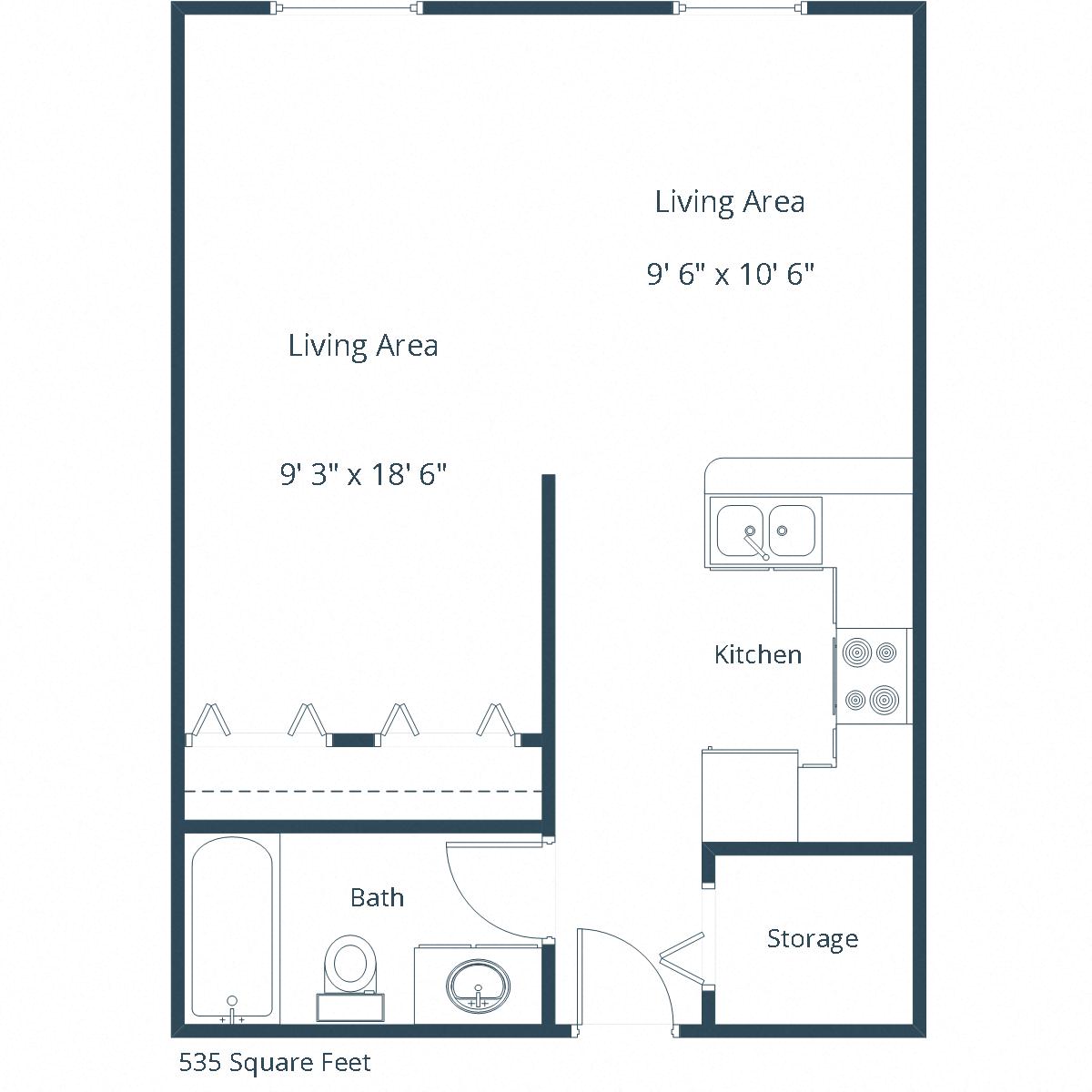 Floor plan for studio, 1 bath, 445 sqft