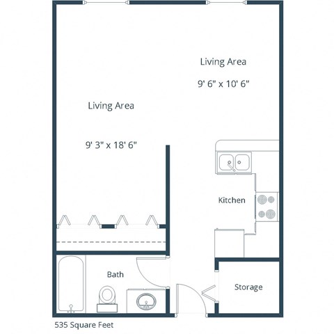 Floor plan for studio, 1 bath, 445 sqft