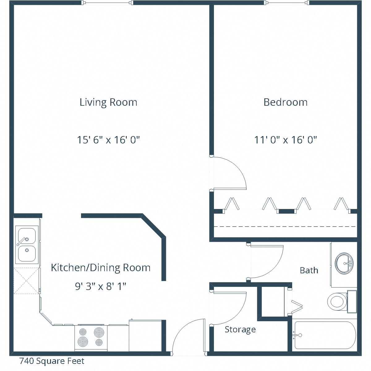 Floor plan for 1 bed, 1 bath, 740 sqft