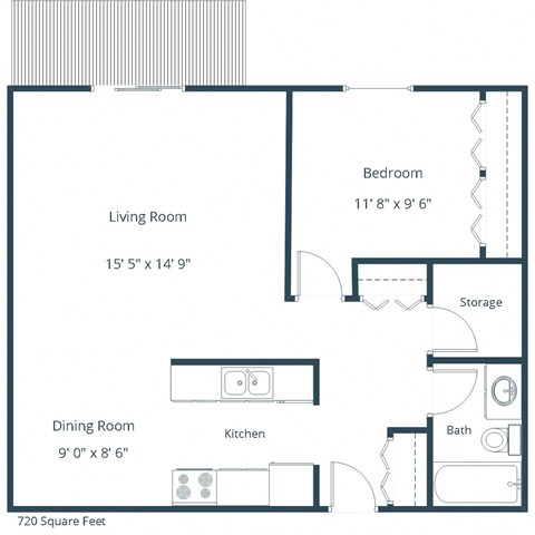 Floor plan for 1 bed, 1 bath, 720 sqft