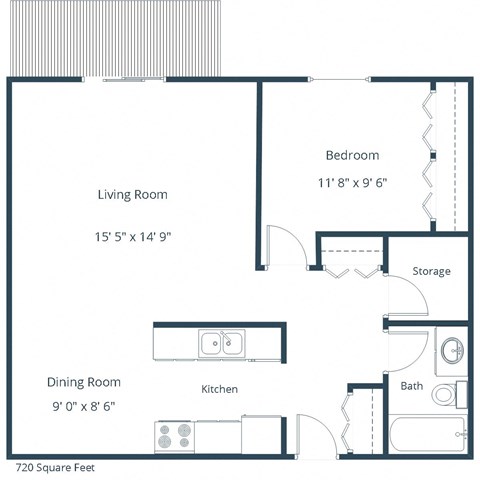 Floor plan for 1 bed, 1 bath, 720 sqft