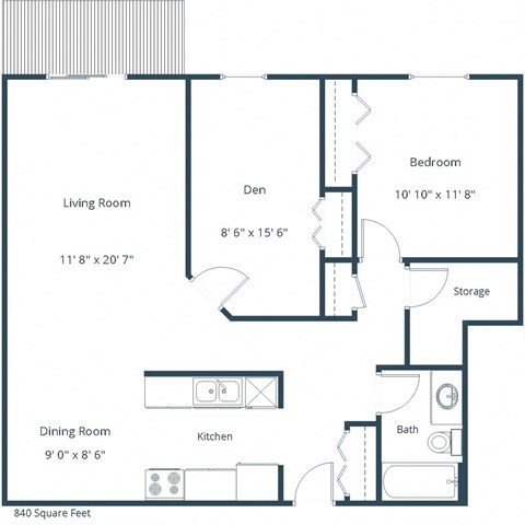 Floor plan for 1 bed, 1 bath, 965 sqft