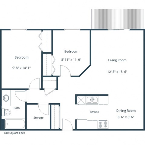 Floor plan for 2 beds, 1 bath, 840 sqft