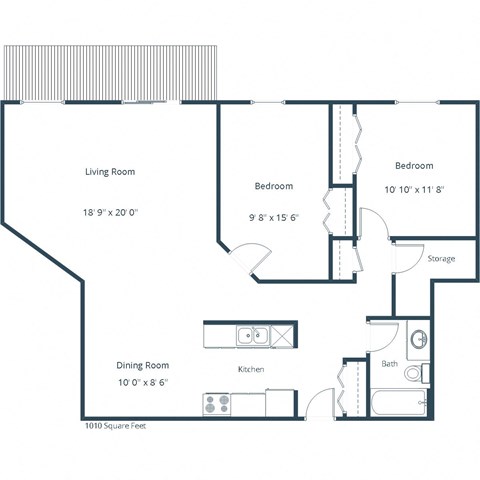 Floor plan for 2 beds, 1 bath, 965 sqft