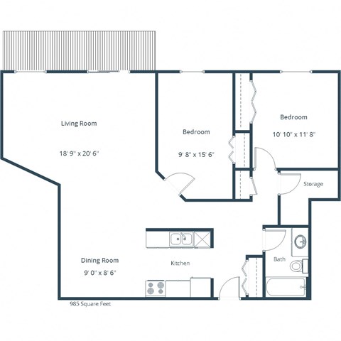 Floor plan for 2 beds, 1 bath, 985 sqft