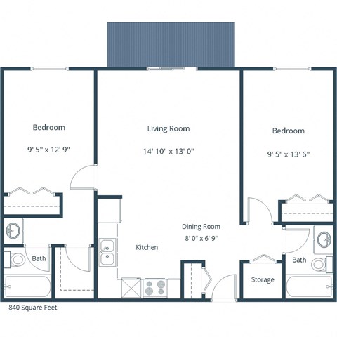 Floor plan for 2 beds, 2 baths, 840 sqft