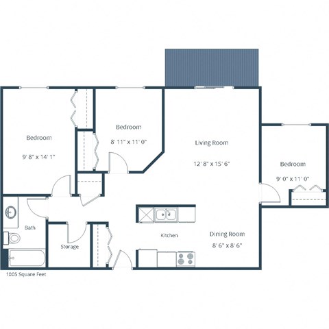 Floor plan for 3 beds, 1 bath, 1005 sqft