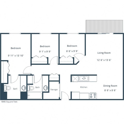 Floor plan for 3 beds, 2 baths, 1045 sqft