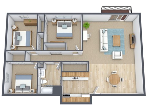 Floor plan for 3 beds, 1 bath, 1044 sqft