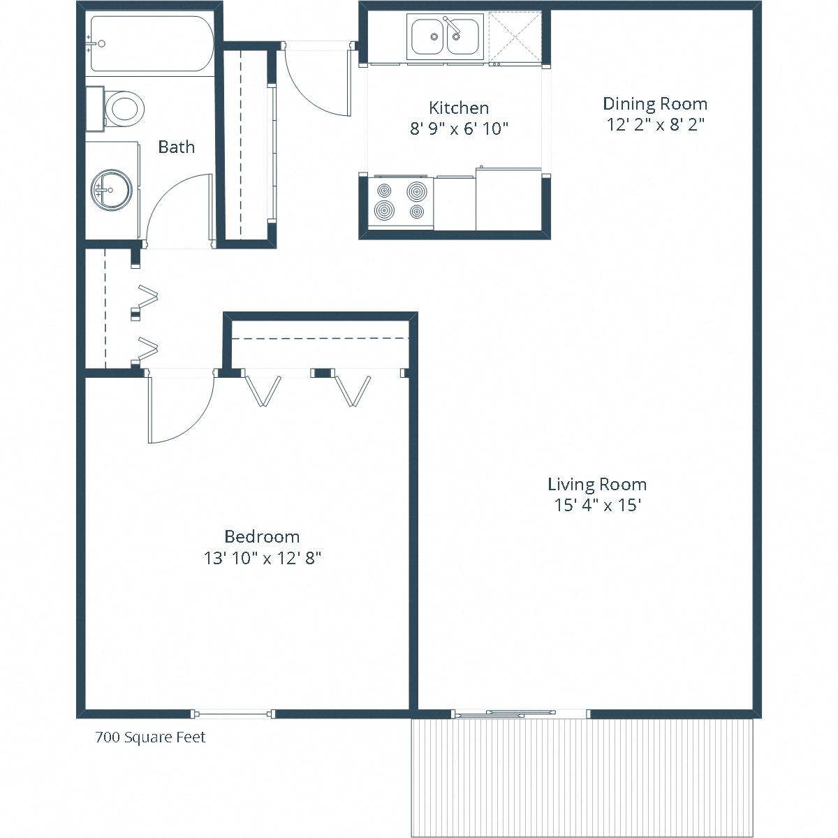 Floor plan for 1 bed, 1 bath, 700 sqft