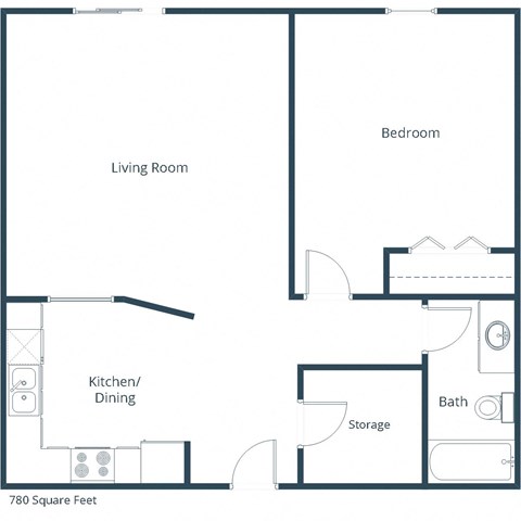 Floor plan for 1 bed, 1 bath, 780 sqft