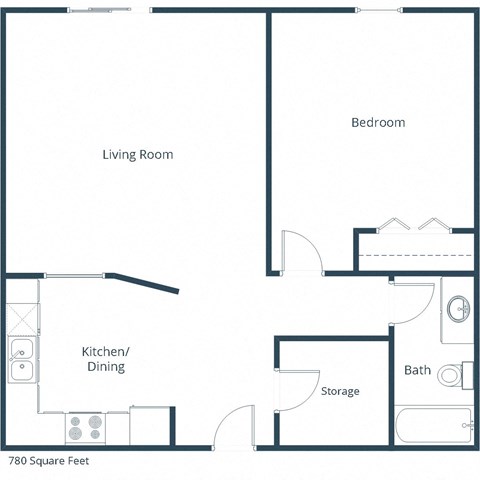 Floor plan for 1 bed, 1 bath, 780 sqft