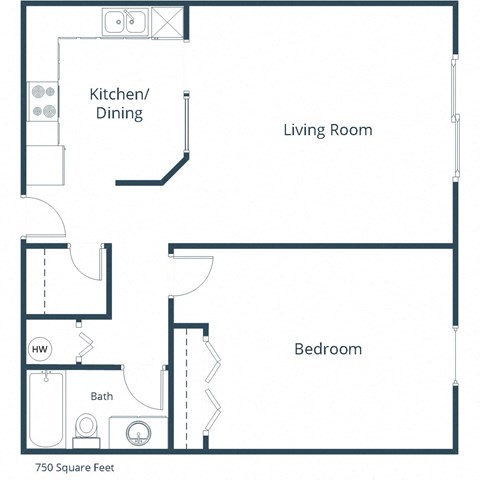 Floor plan for 1 bed, 1 bath, 750 sqft