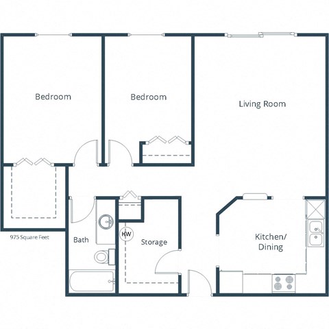 Floor plan for 2 beds, 1 bath, 975 sqft