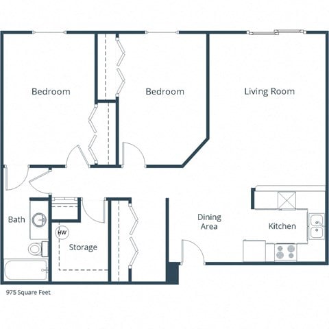 Floor plan for 2 beds, 1 bath, 975 sqft