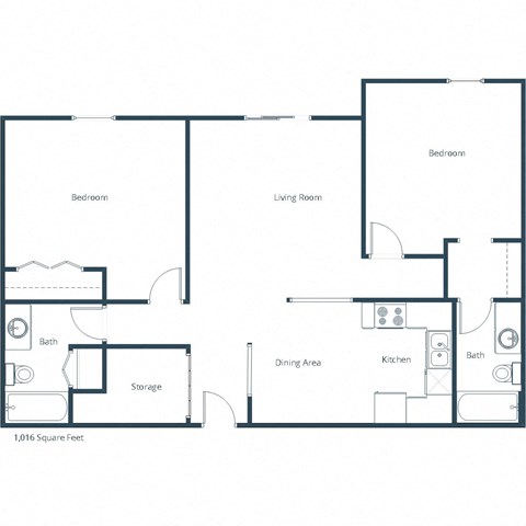 Floor plan for 2 beds, 2 baths, 989 sqft