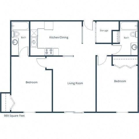 Floor plan for 2 beds, 2 baths, 989 sqft