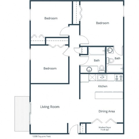 Floor plan for 3 beds, 2 baths, 1200 sqft