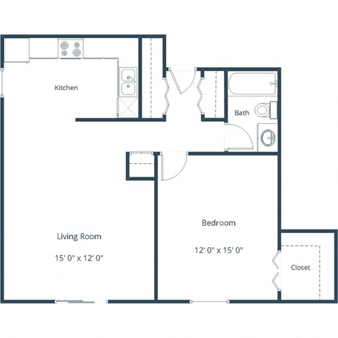 Floor plan for 1 bed, 1 bath, 785 sqft