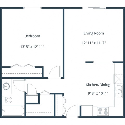 Floor plan for 1 bed, 1 bath, 686 sqft