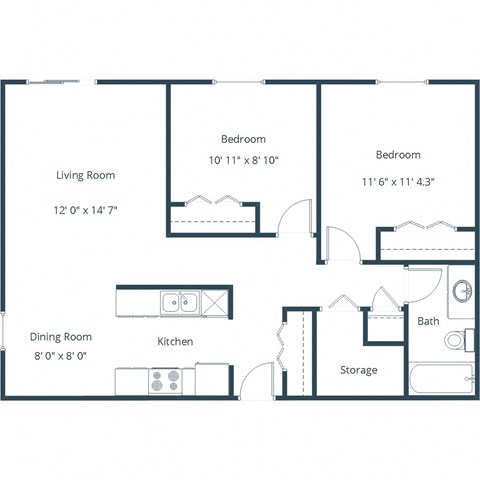 Floor plan for 2 beds, 1 bath, 917 sqft