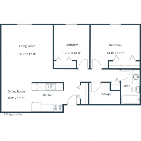 Floor plan for 2 beds, 1 bath, 875 sqft