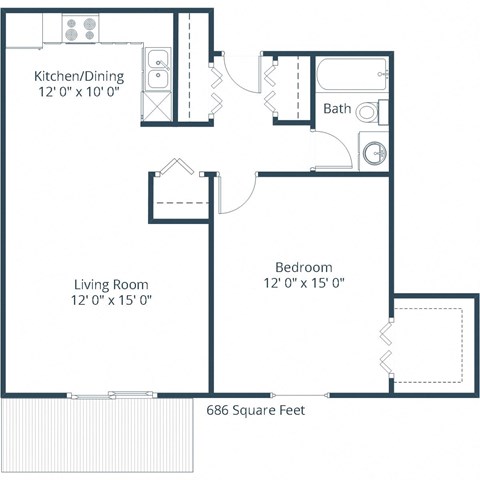 Floor plan for 1 bed, 1 bath, 700 sqft