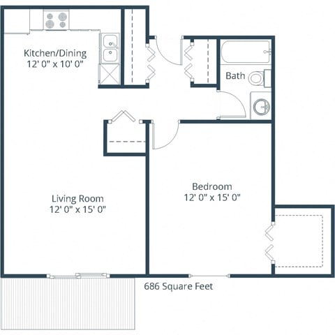 Floor plan for 1 bed, 1 bath, 700 sqft