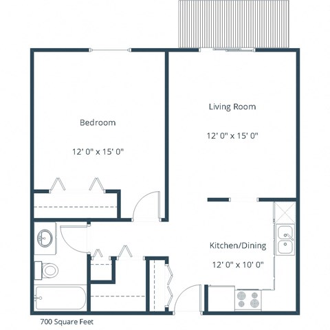 Floor plan for 1 bed, 1 bath, 686 sqft