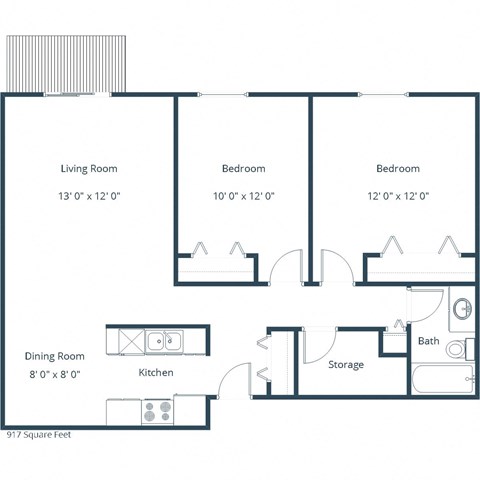 Floor plan for 2 beds, 1 bath, 917 sqft