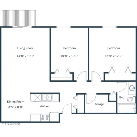 Floor plan for 2 beds, 1 bath, 917 sqft
