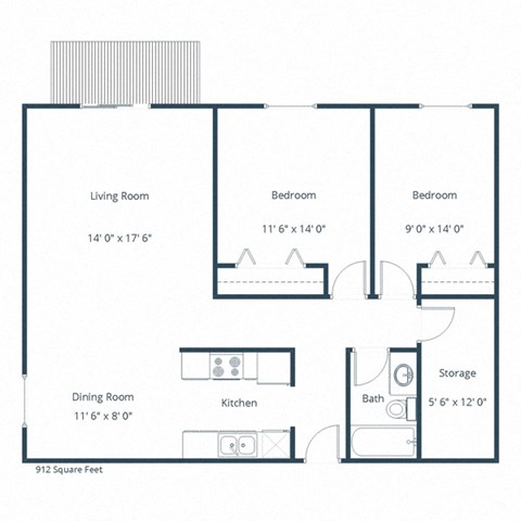Floor plan for 2 beds, 1 bath, 912 sqft