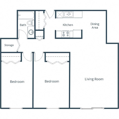 Floor plan for 2 beds, 1 bath, 945 sqft