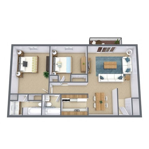 Floor plan for 2 beds, 2 baths, 990 sqft