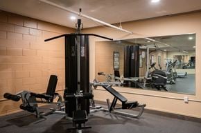 Roseville apartment for rent - a gym with weights and mirrors on the wall. Roseville, MN Rosedale Estates Apartments