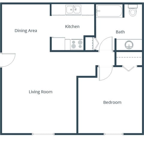 Floor plan for 1 bed, 1 bath, 775 sqft
