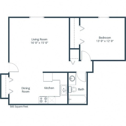 Floor plan for 1 bed, 1 bath, 650 sqft