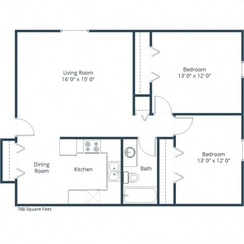 Floor plan for 2 beds, 1 bath, 775 sqft