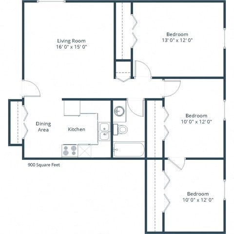 Floor plan for 3 beds, 1 bath, 900 sqft