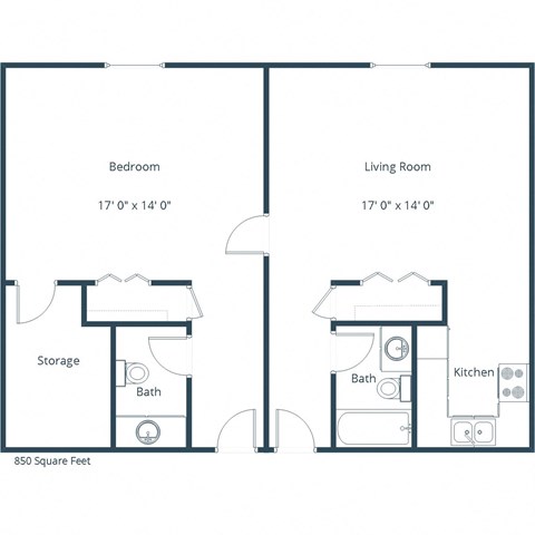 Floor plan for 1 bed, 1.5 baths, 850 sqft