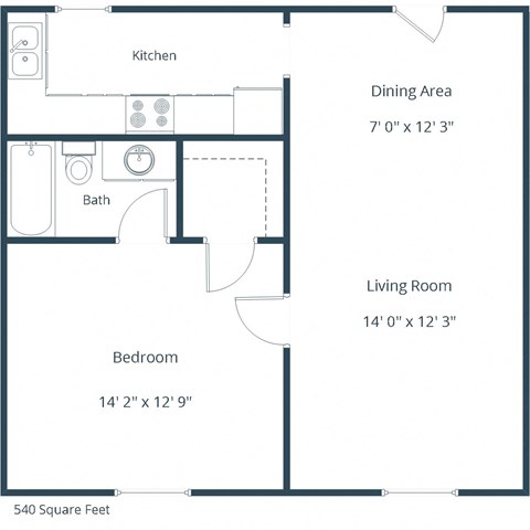 Floor plan for 1 bed, 1 bath, 485 sqft