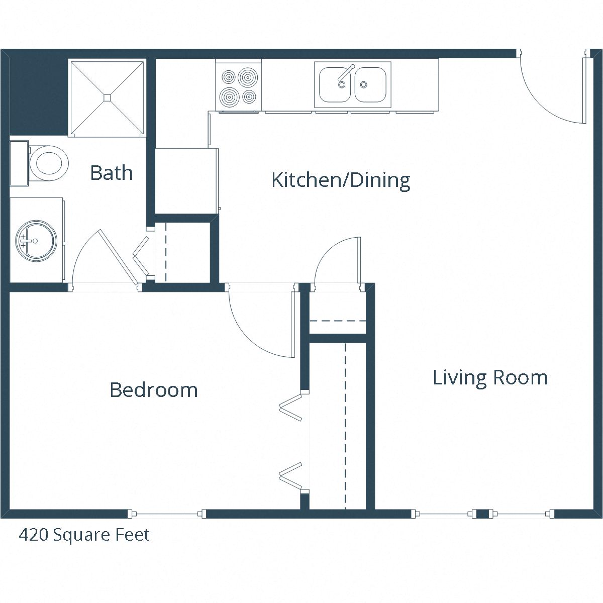 Floor plan for 1 bed, 1 bath, 420 sqft