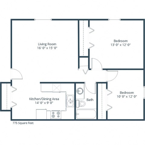 Floor plan for 2 beds, 1 bath, 775 sqft