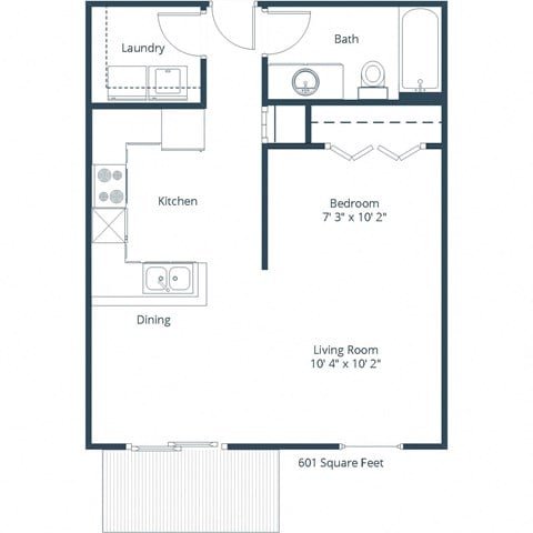 Floor plan for studio, 1 bath, 601 sqft