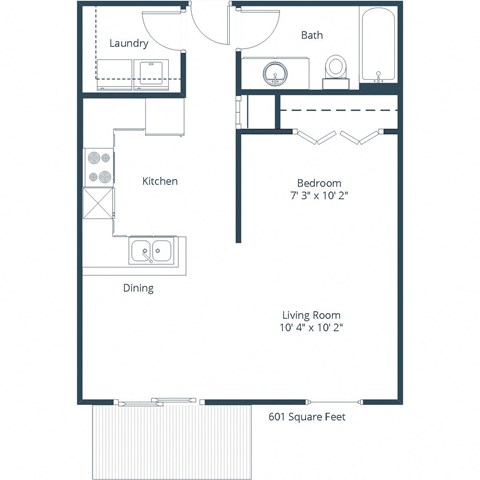 Floor plan for studio, 1 bath, 601 sqft