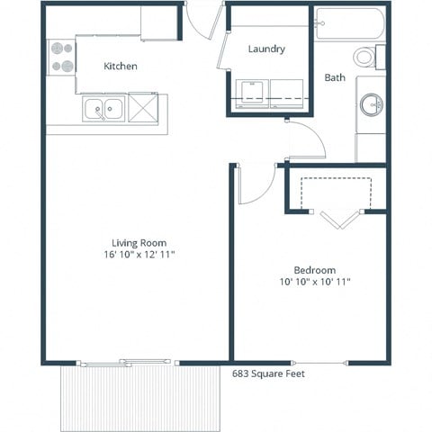 Floor plan for 1 bed, 1 bath, 683 sqft