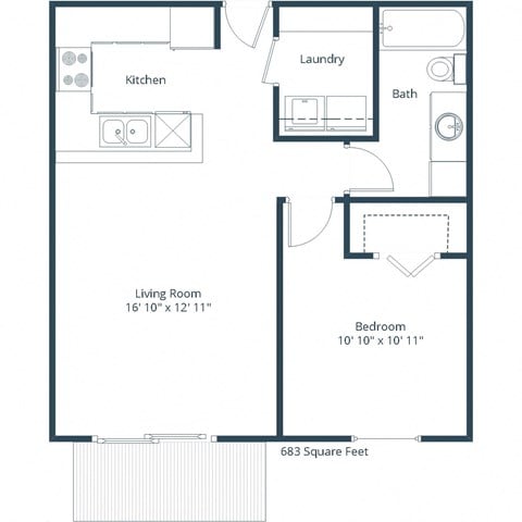 Floor plan for 1 bed, 1 bath, 683 sqft