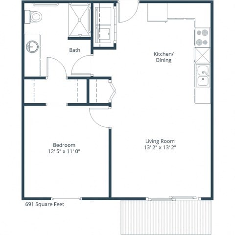 Floor plan for 1 bed, 1 bath, 691 sqft