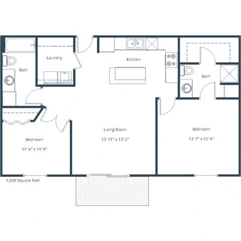 Floor plan for 2 beds, 1.8 baths, 1039 sqft