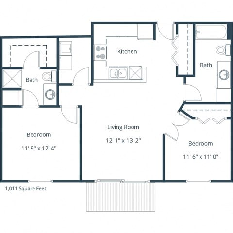 Floor plan for 2 beds, 1.8 baths, 1011 sqft